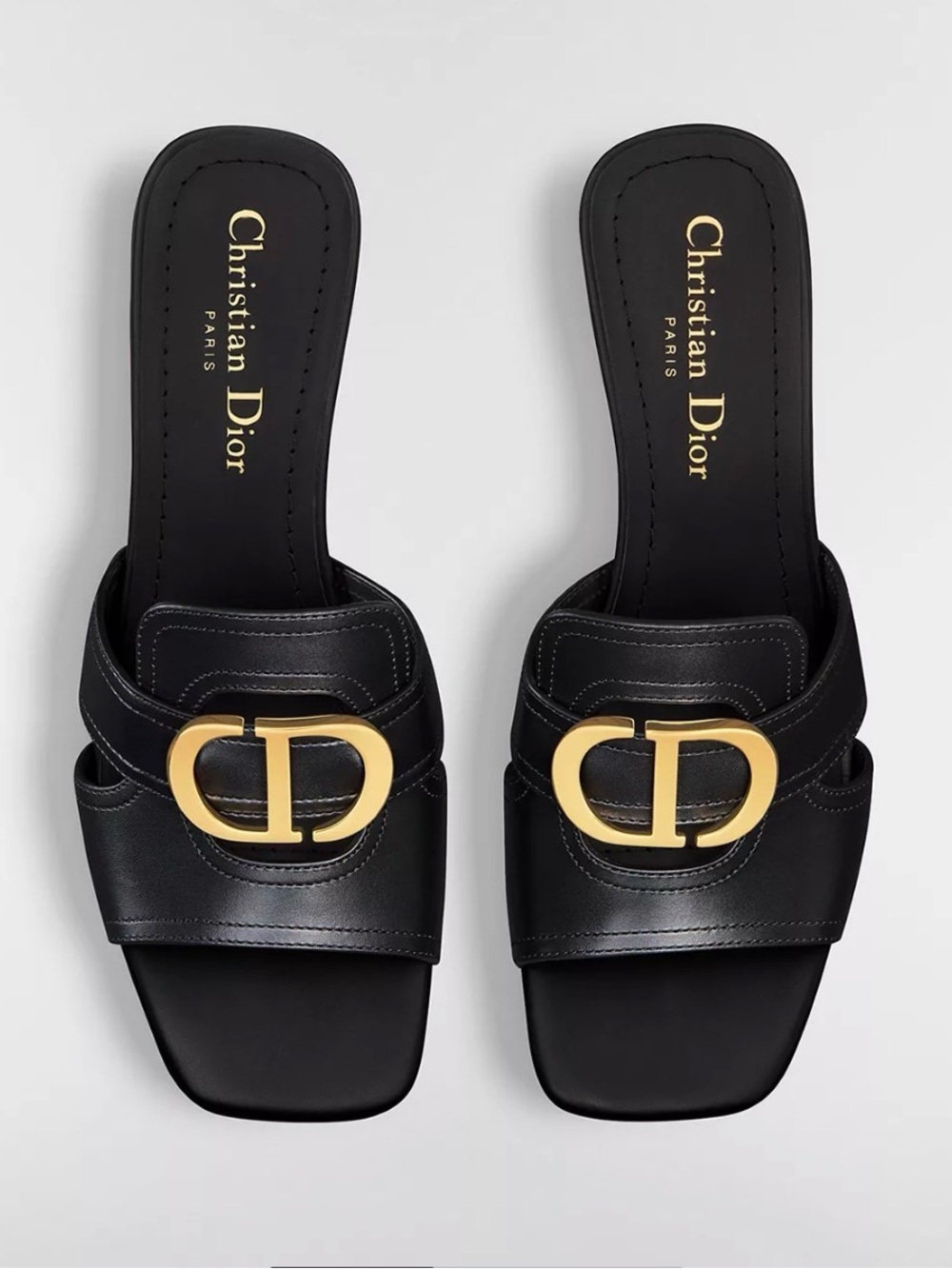 Dior Black Leather  30 Montaigne Heeled CD Logo Slide Sandals